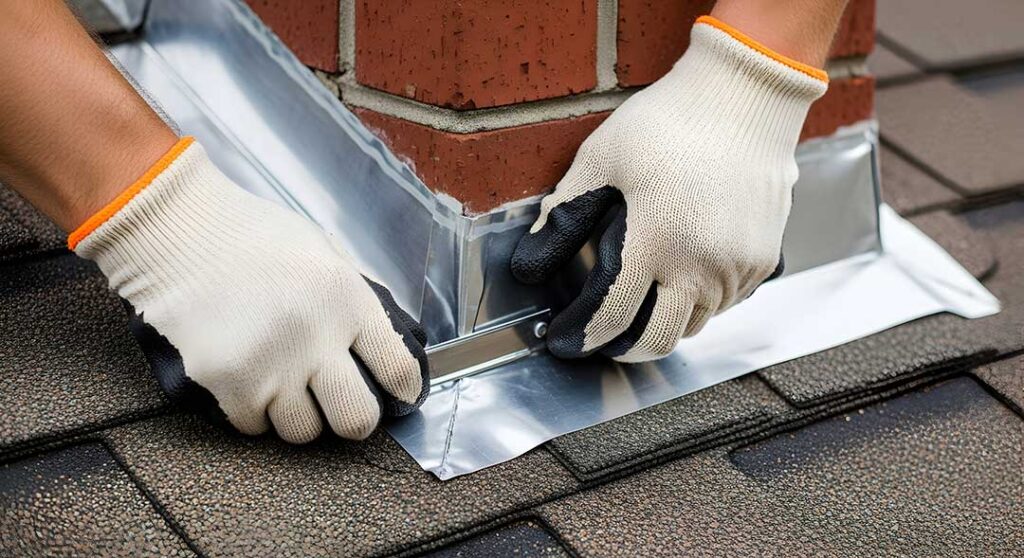 Homeowner examining roof shingles and cleared gutters beside a snow-covered house in autumn.